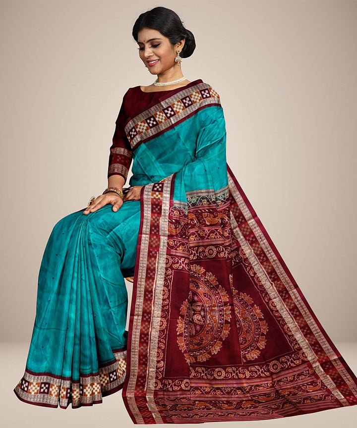 Cyan blue maroon silk handwoven bomkai saree