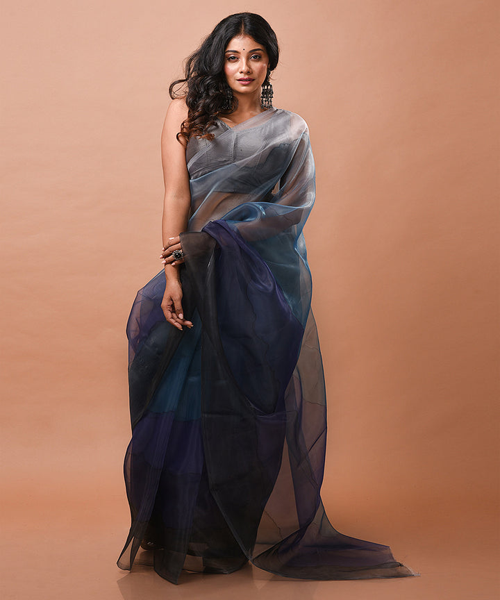 Grey handwoven organza silk hand painted saree