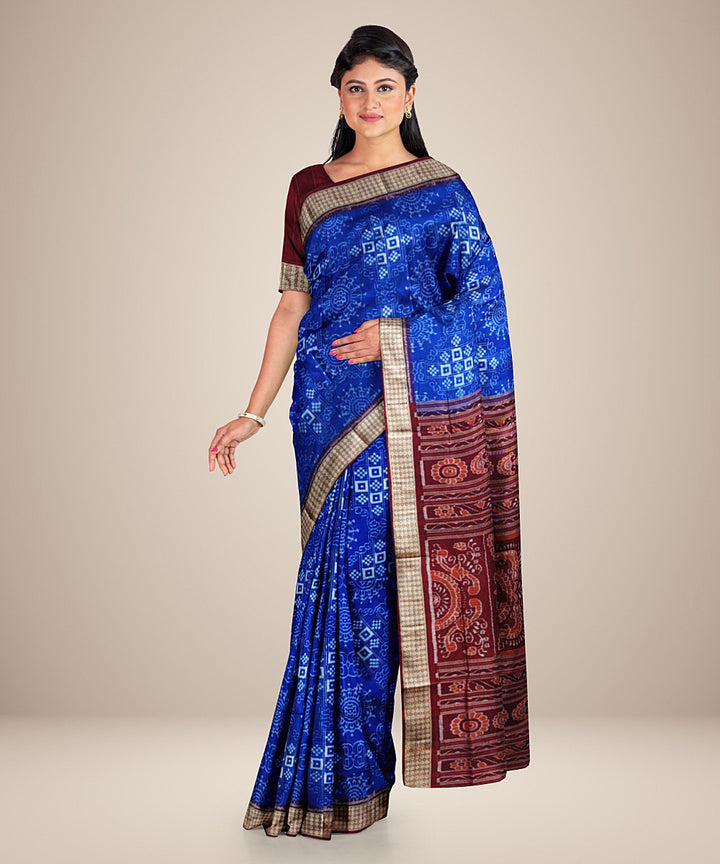 Navy blue cyan blue maroon silk handwoven sambalpuri saree