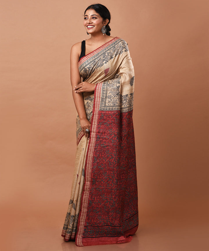 Offwhite handloom tussar silk block print saree with sambalpuri border