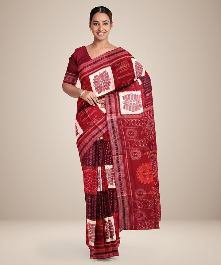 Maroon red cotton handwoven sambalpuri saree