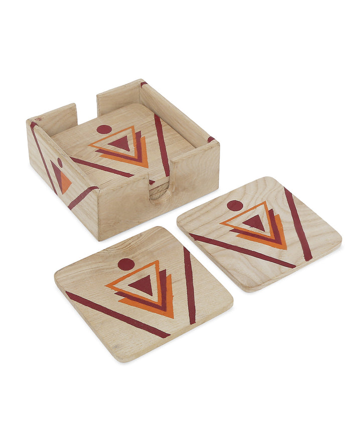 Offwhite orange hand printed pinewood coaster set