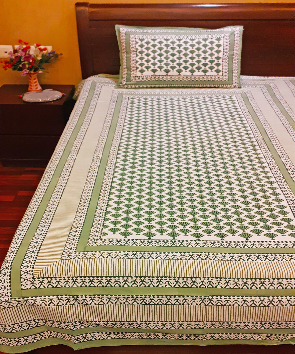 White handblock print cotton single bed sheet with pillow cover