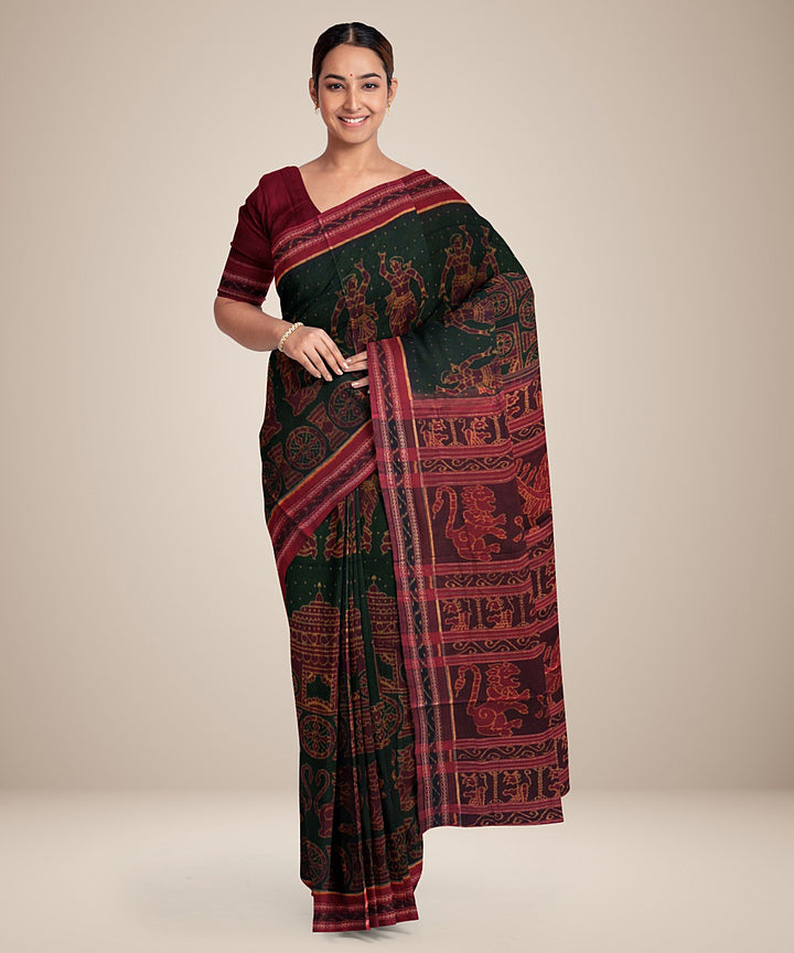 Dark green red cotton handwoven sambalpuri saree