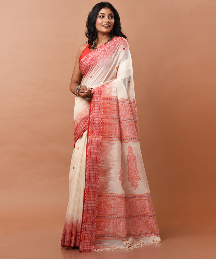 Red and off white handwoven cotton jamdani saree