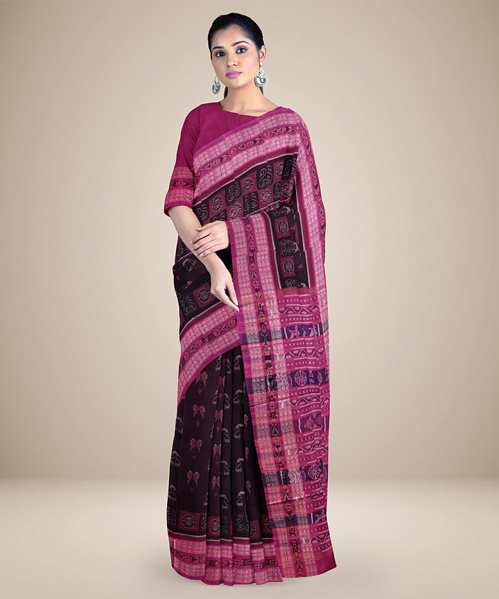 Coffee brown and pink handwoven cotton sambalpuri saree