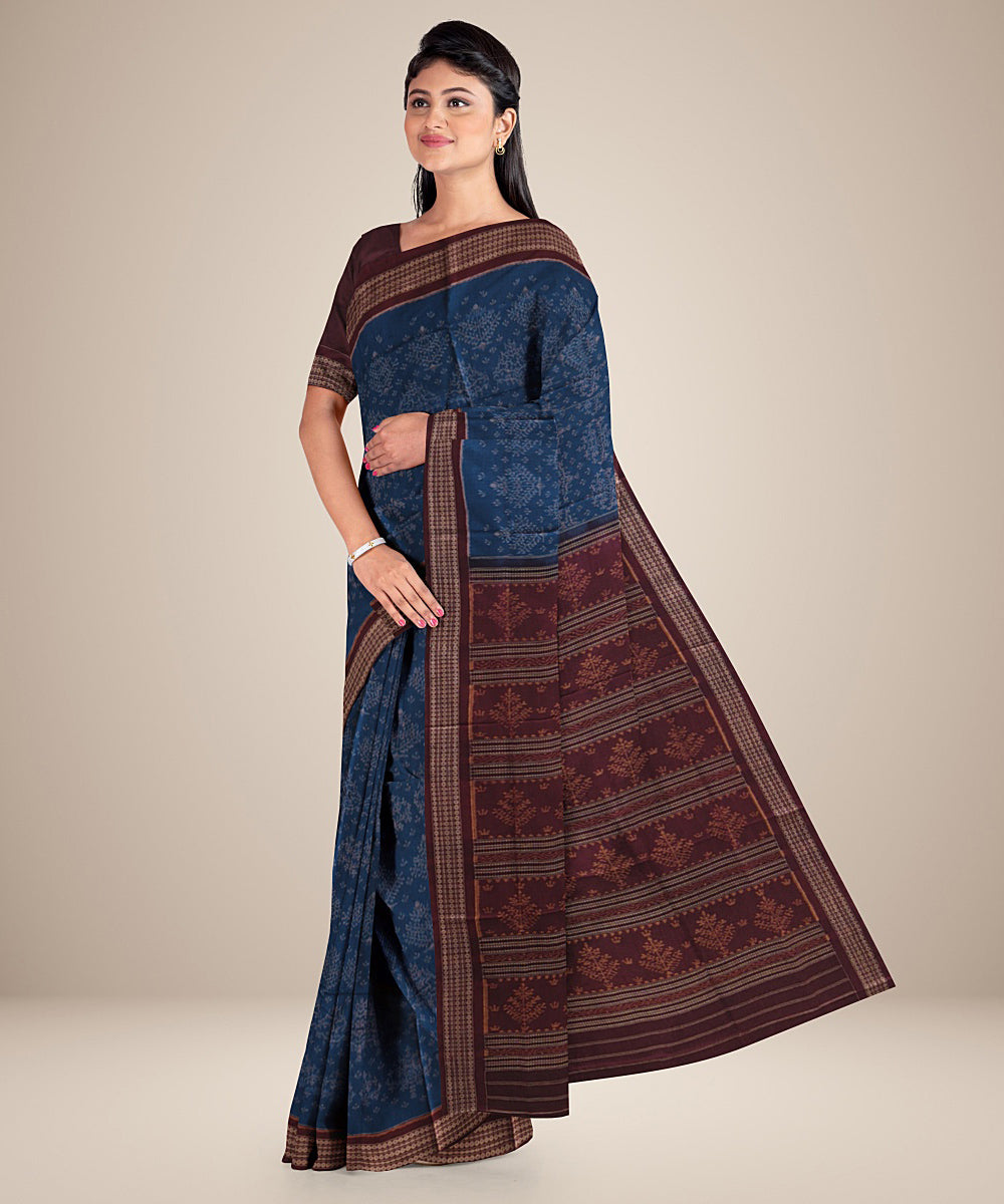 Navy blue maroon cotton handwoven sambalpuri saree