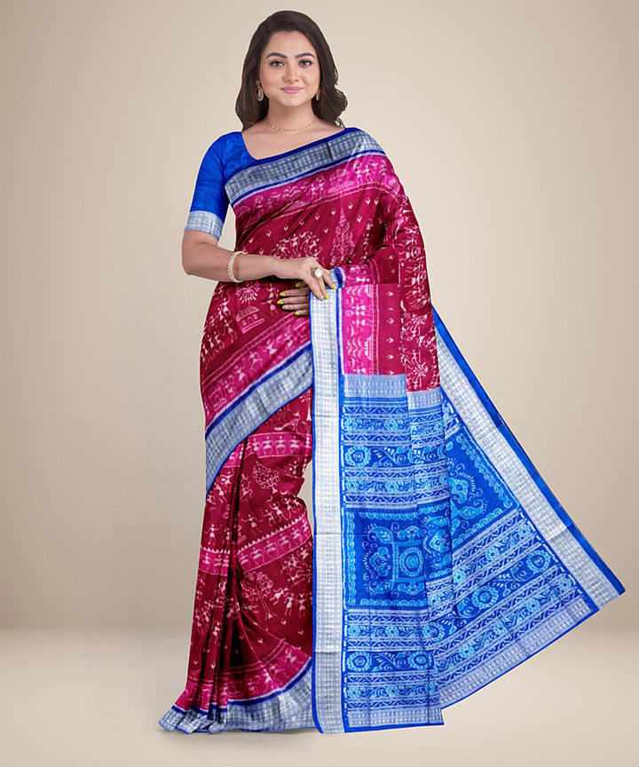 Pink cobalt blue silk handwoven sambalpuri saree