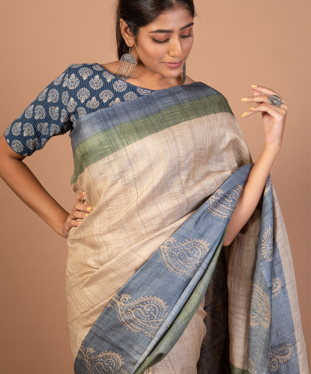 Off white handwoven tussar silk block print saree