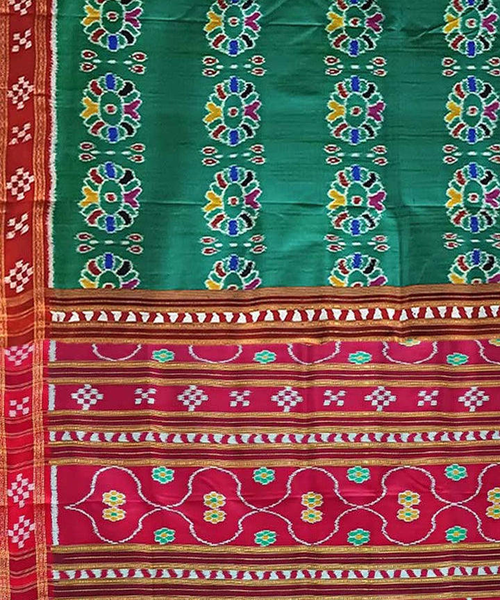 Dark green red handwoven khandua silk saree