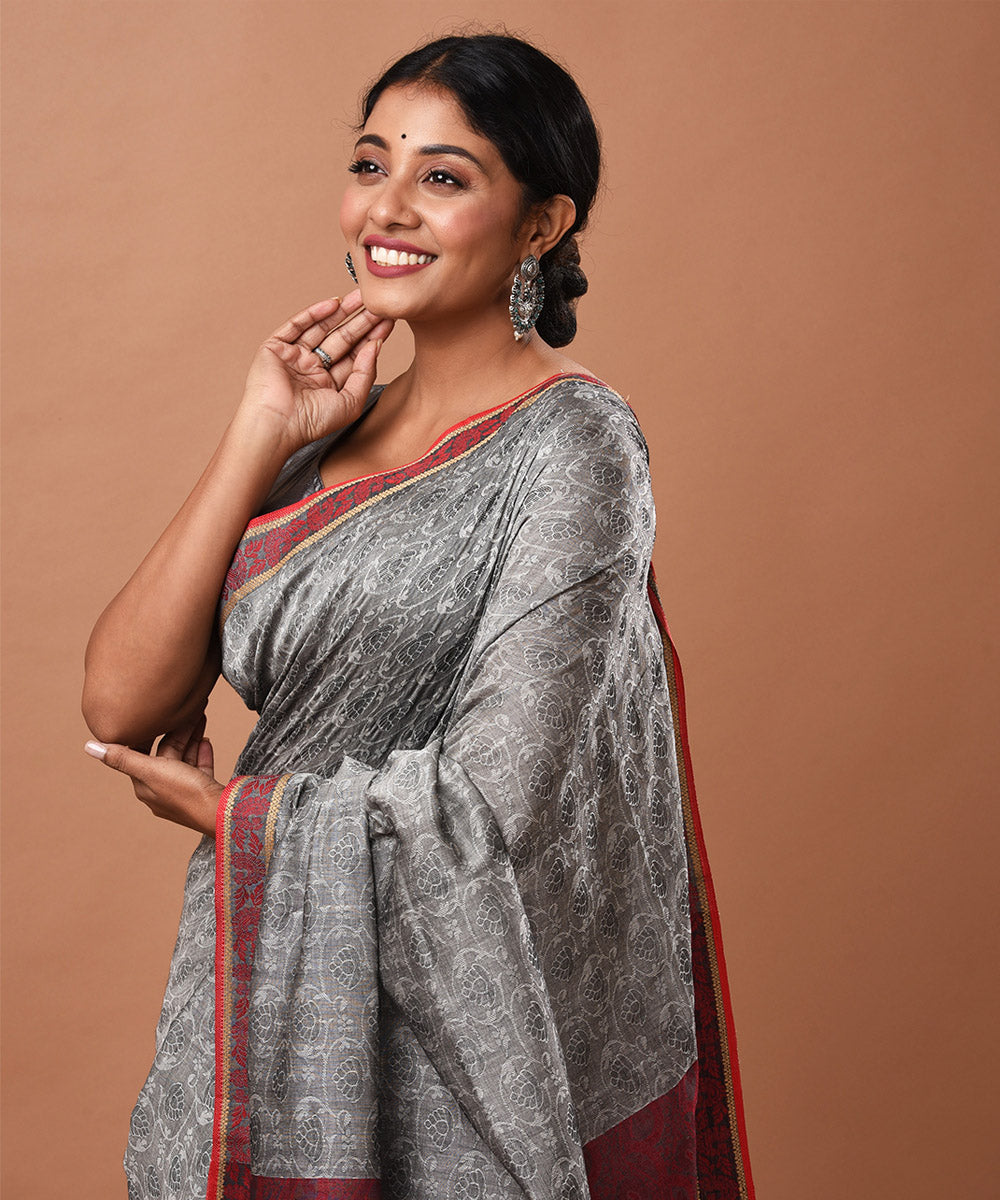 Grey handloom cotton jamdani saree