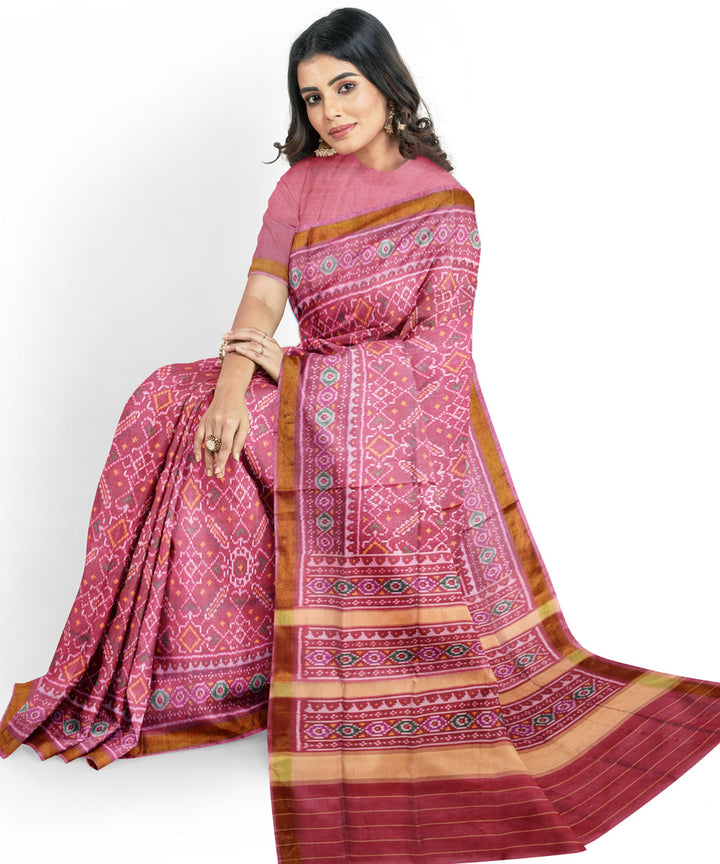 Peach pink silk handloom patola saree