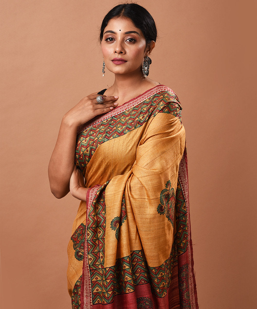 Mustard handwoven tussar silk block print saree