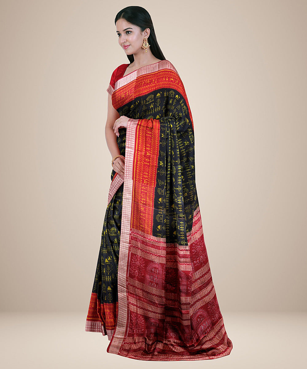 Black maroon handwoven silk sambalpuri saree