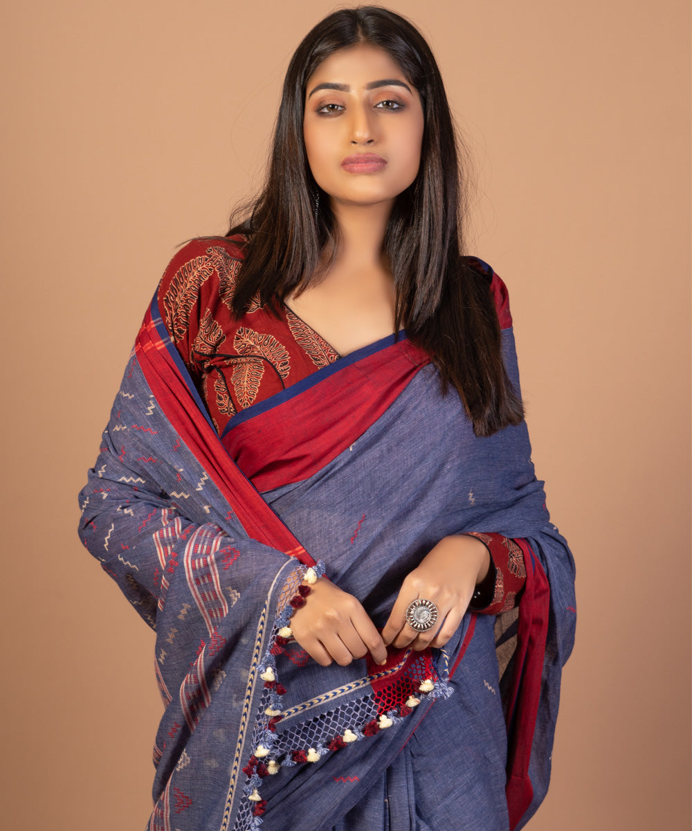 Indigo grey handwoven cotton jamdani saree