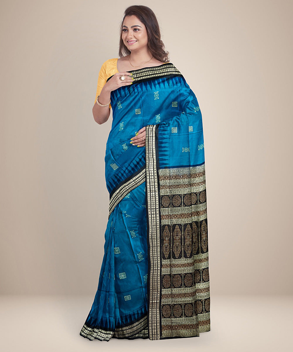 Sky blue black silk handwoven bomkai saree