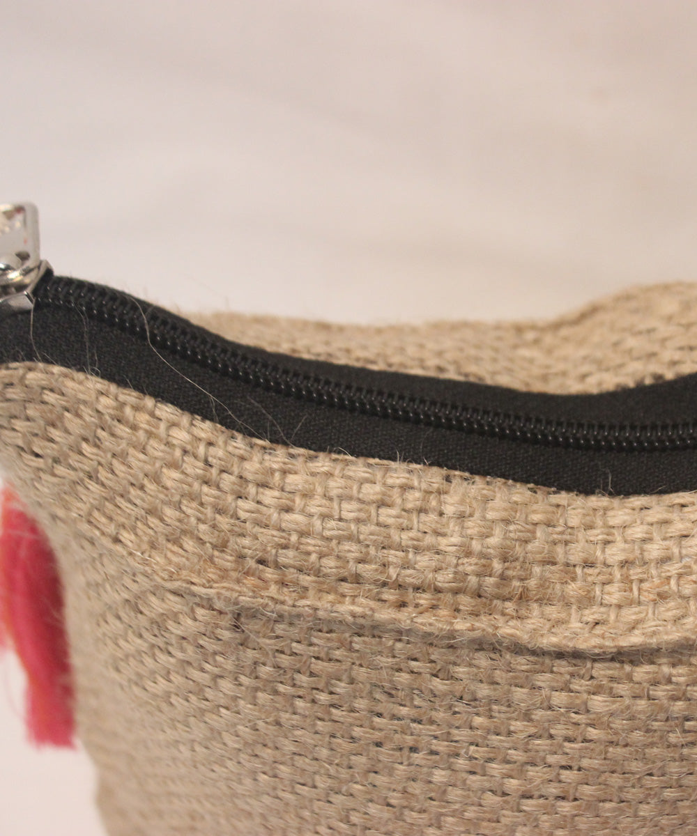 Beige natural hand printed jute jute pouch