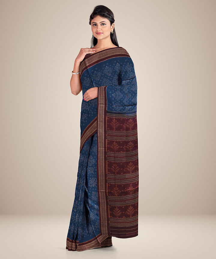 Navy blue maroon cotton handwoven sambalpuri saree