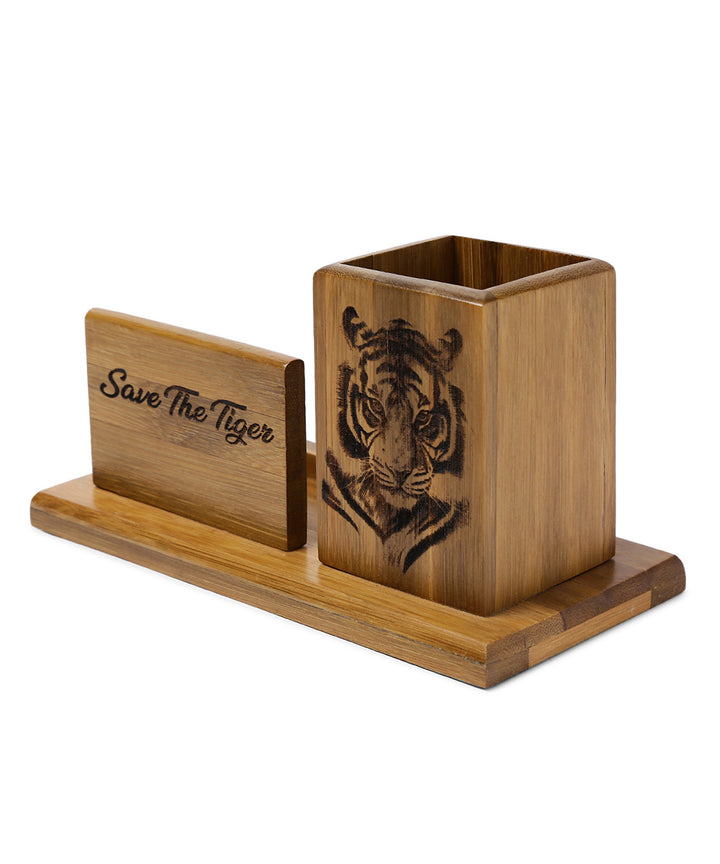 Brown natural hand printed bamboo wood bamboo pen stand