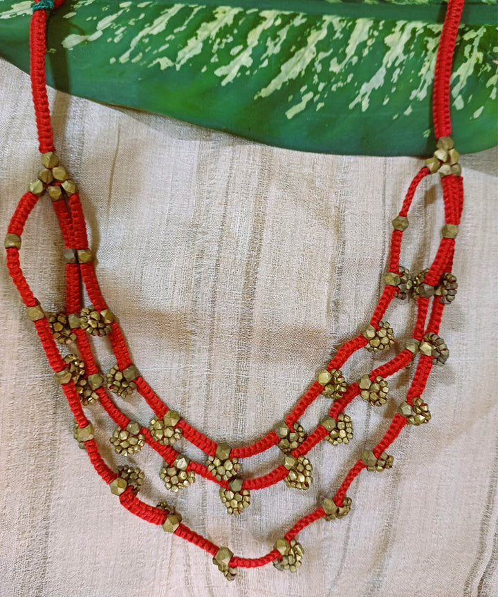 Red handcrafted layered dokra necklace