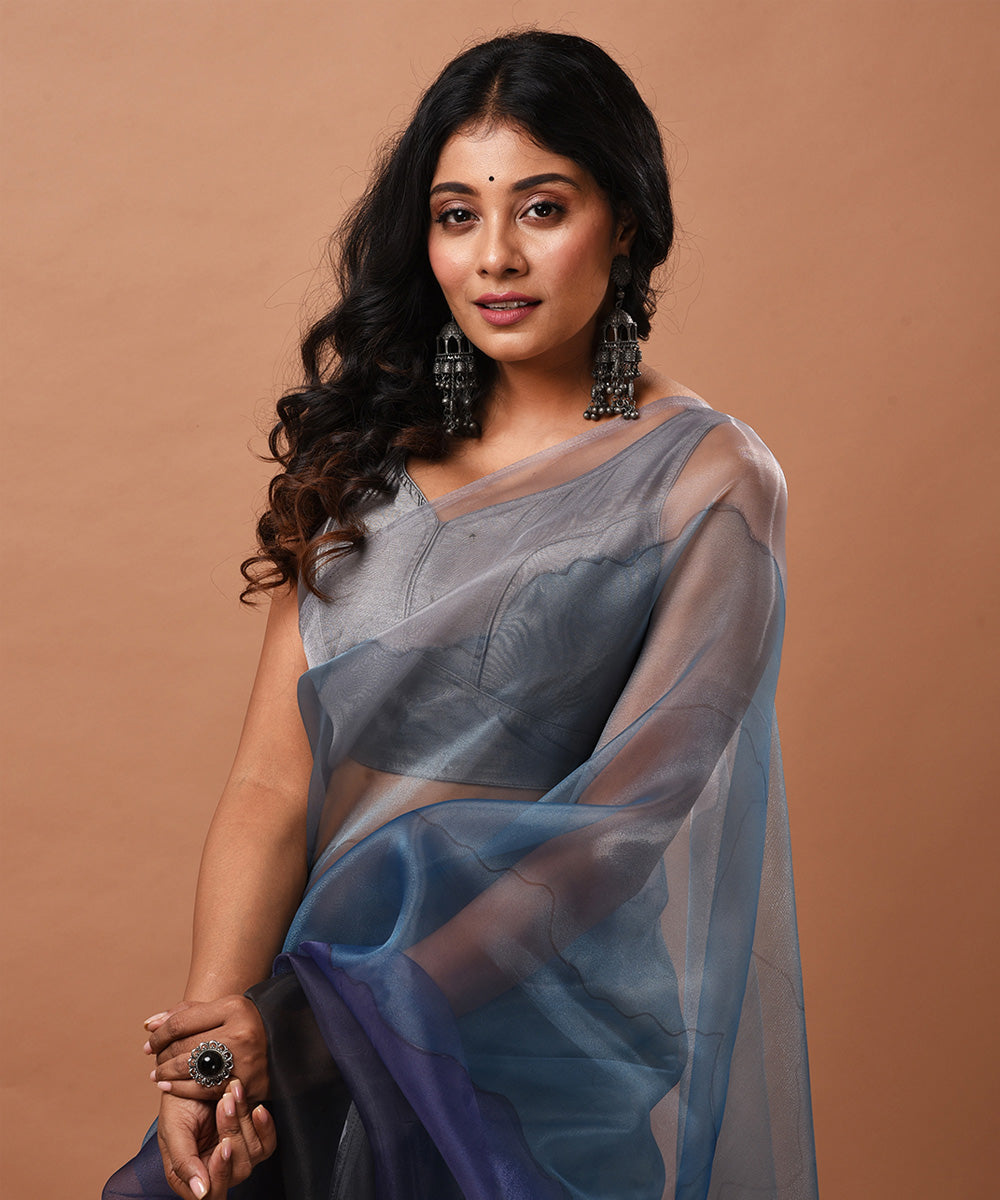 Grey handwoven organza silk hand painted saree