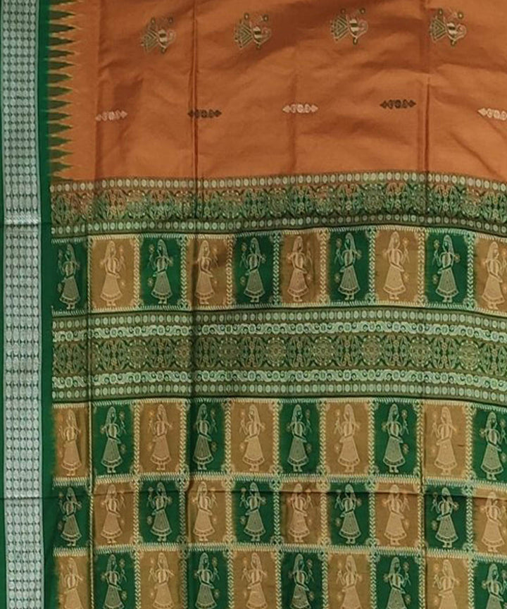 Orange light green handwoven bomkai silk saree
