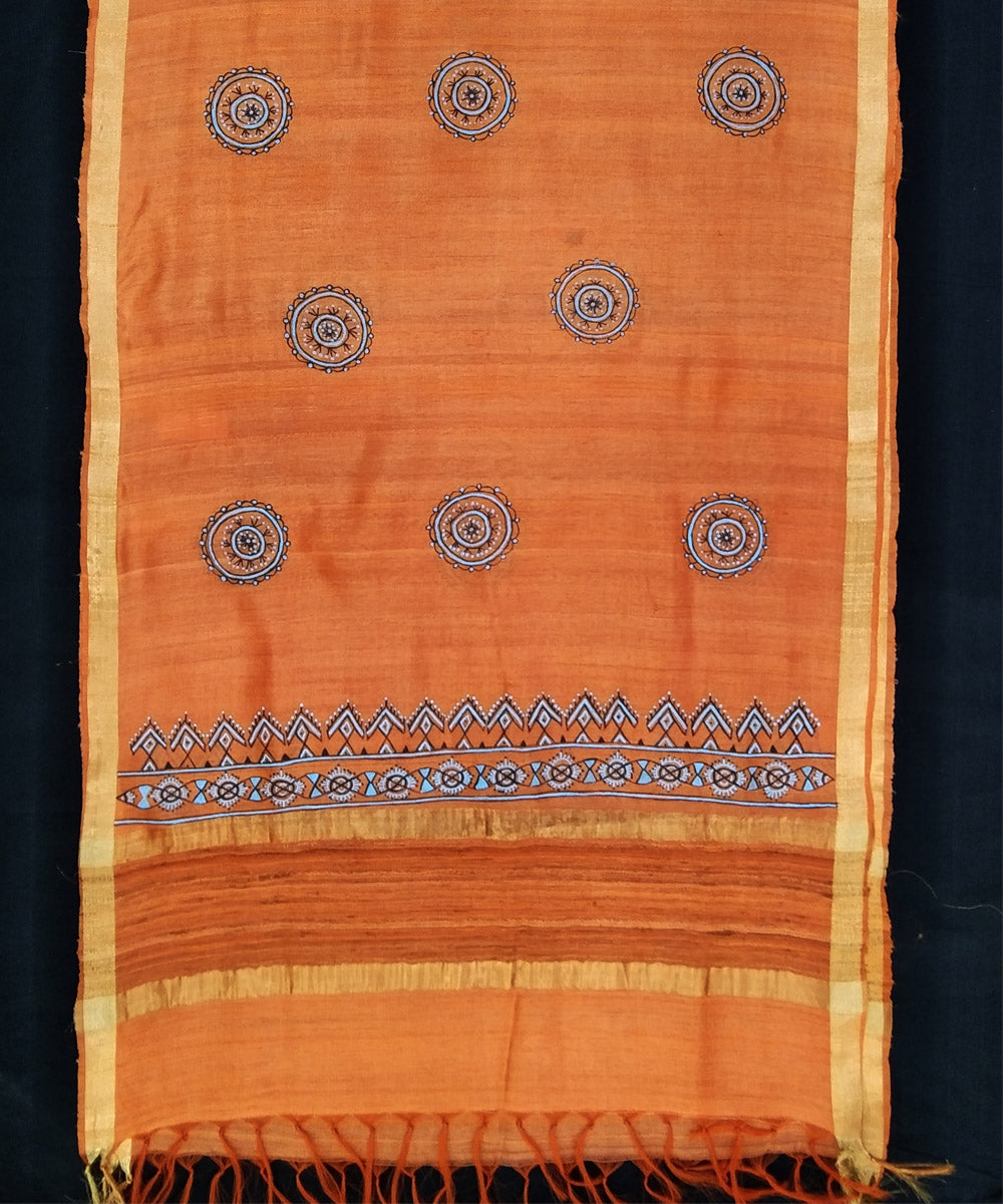 Orange golden hand painted silk godana art dupatta