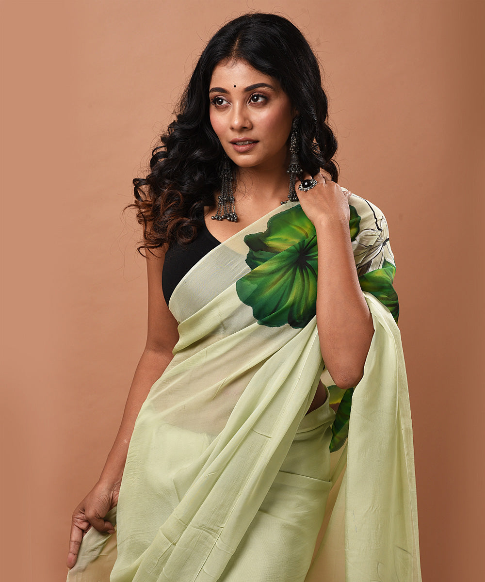 Light green handwoven organza silk hand painted saree