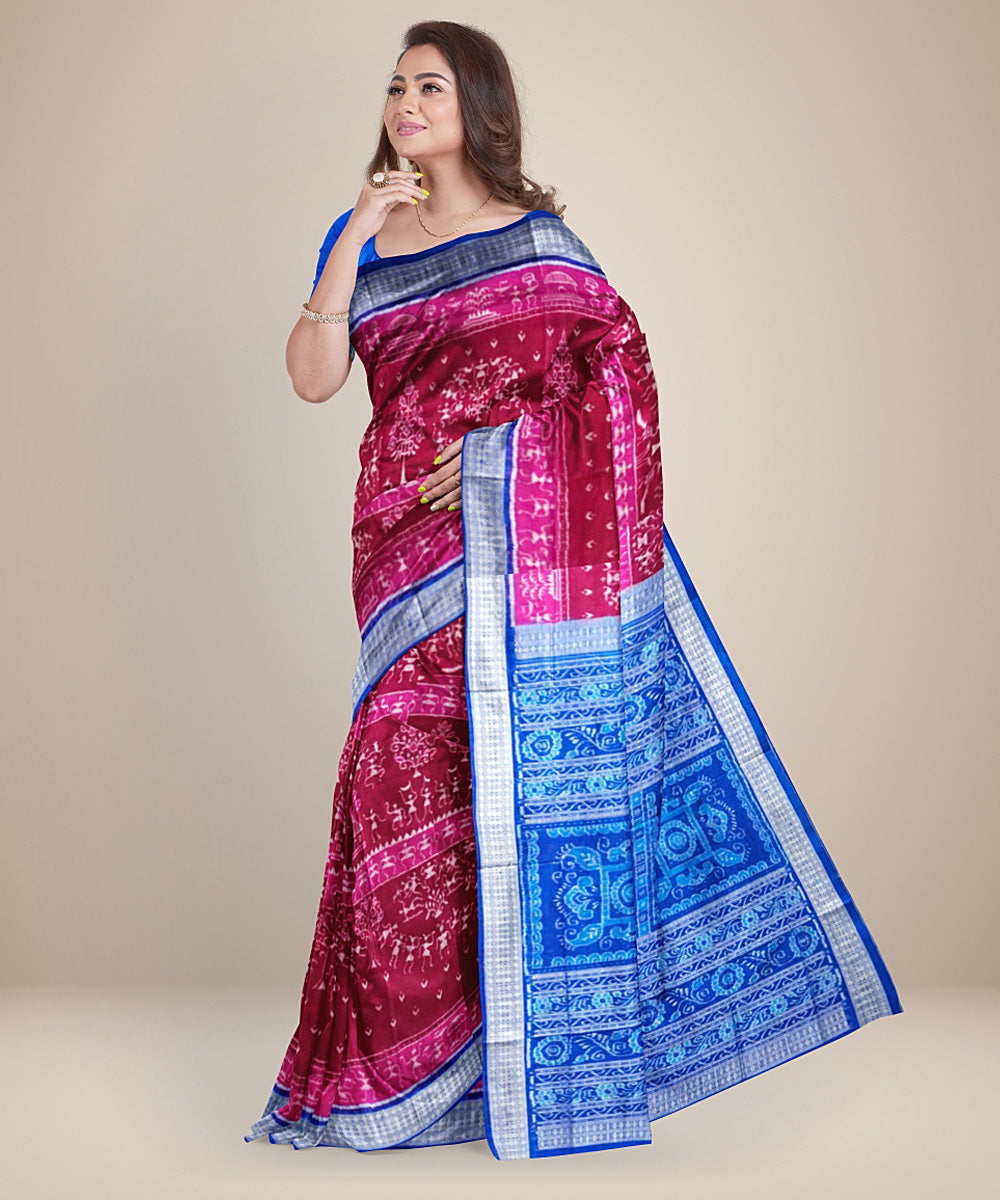 Pink cobalt blue silk handwoven sambalpuri saree