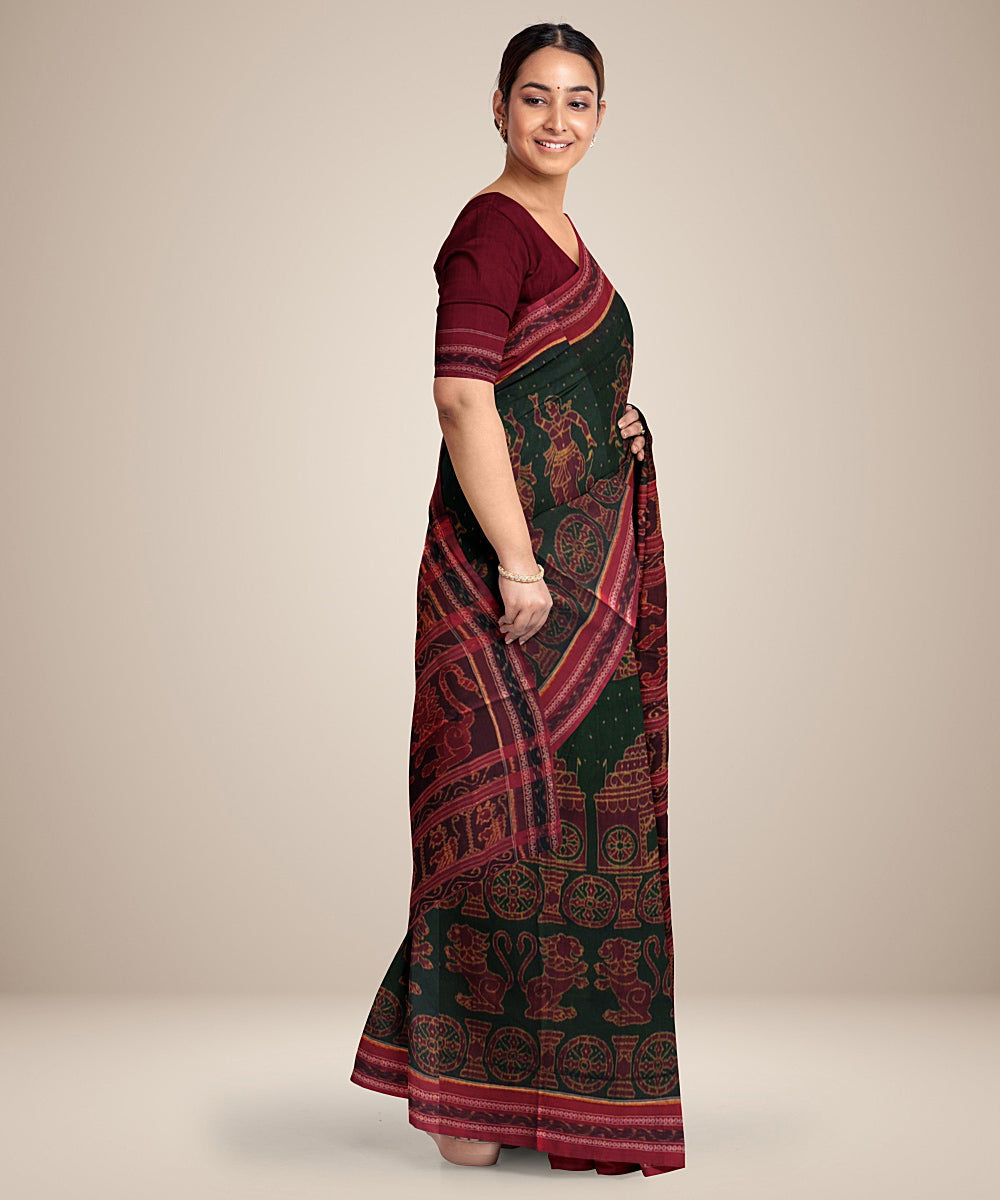 Dark green red cotton handwoven sambalpuri saree