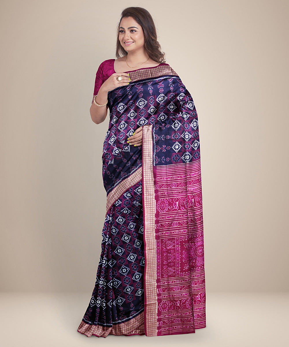 Navy blue magenta silk handwoven sambalpuri saree