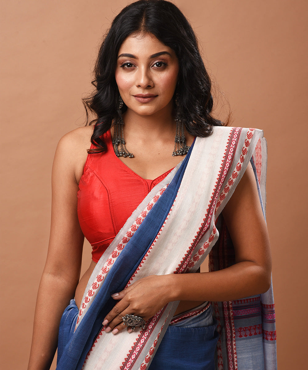 Indigo blue handwoven cotton jamdani saree