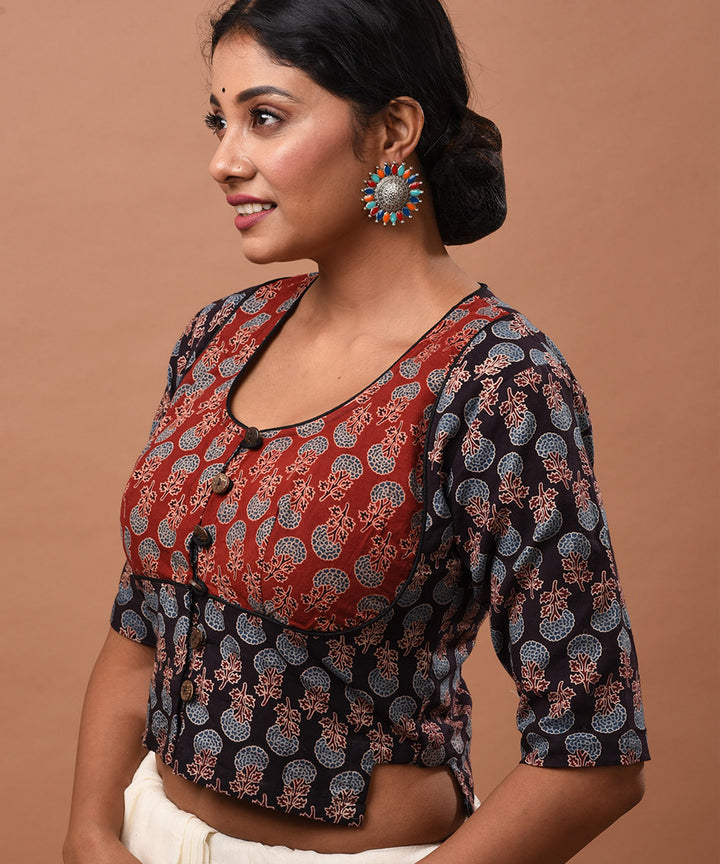 Black red ajrakh hand block printed blouse