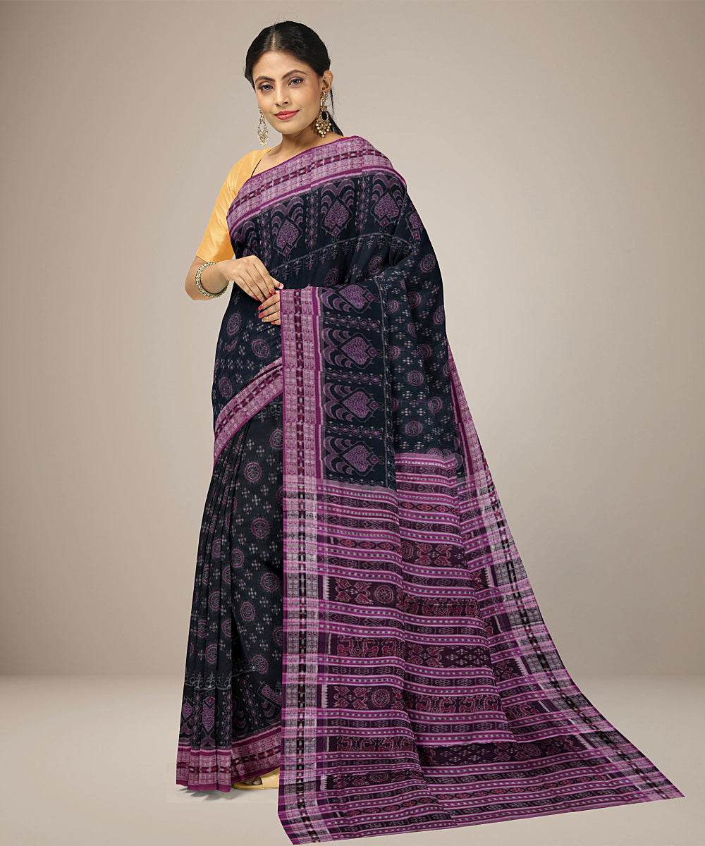 Black purple handwoven cotton sambalpuri saree