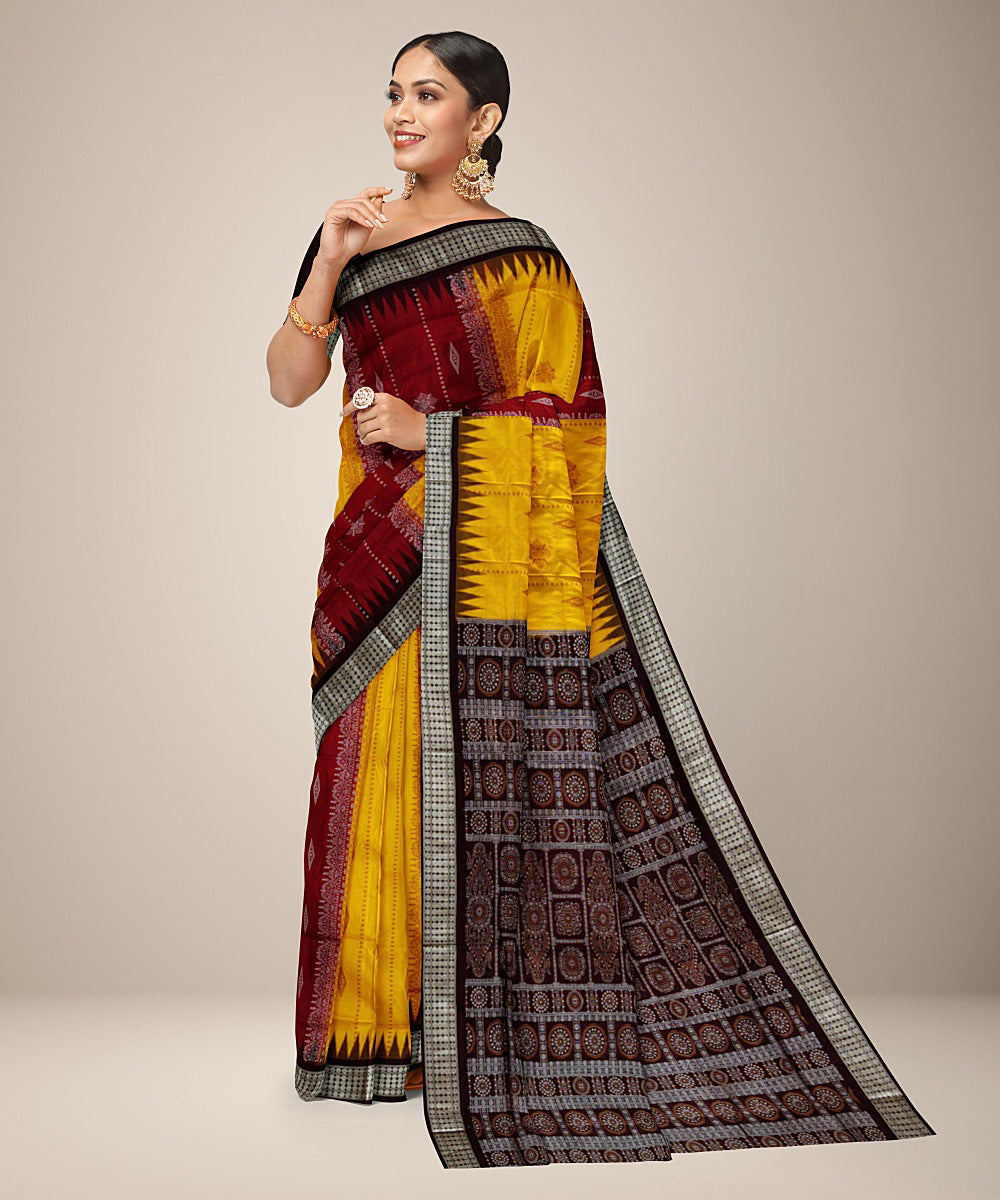 Yellow maroon black silk handwoven bomkai saree