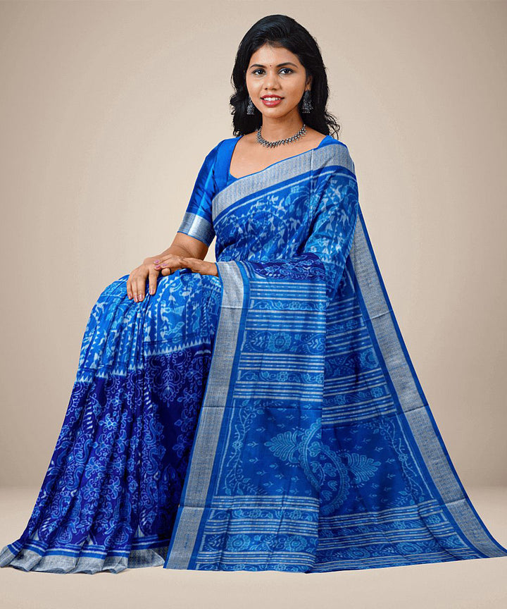 Sky blue dark blue handwoven silk sambalpuri saree