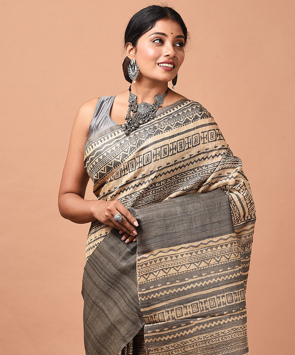 Grey handwoven tussar silk block print saree