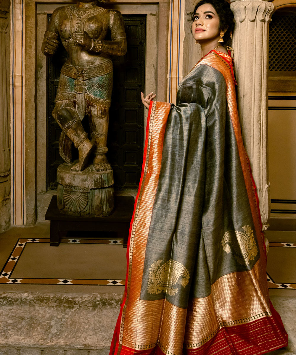 Grey and orange silk handloom banarasi saree