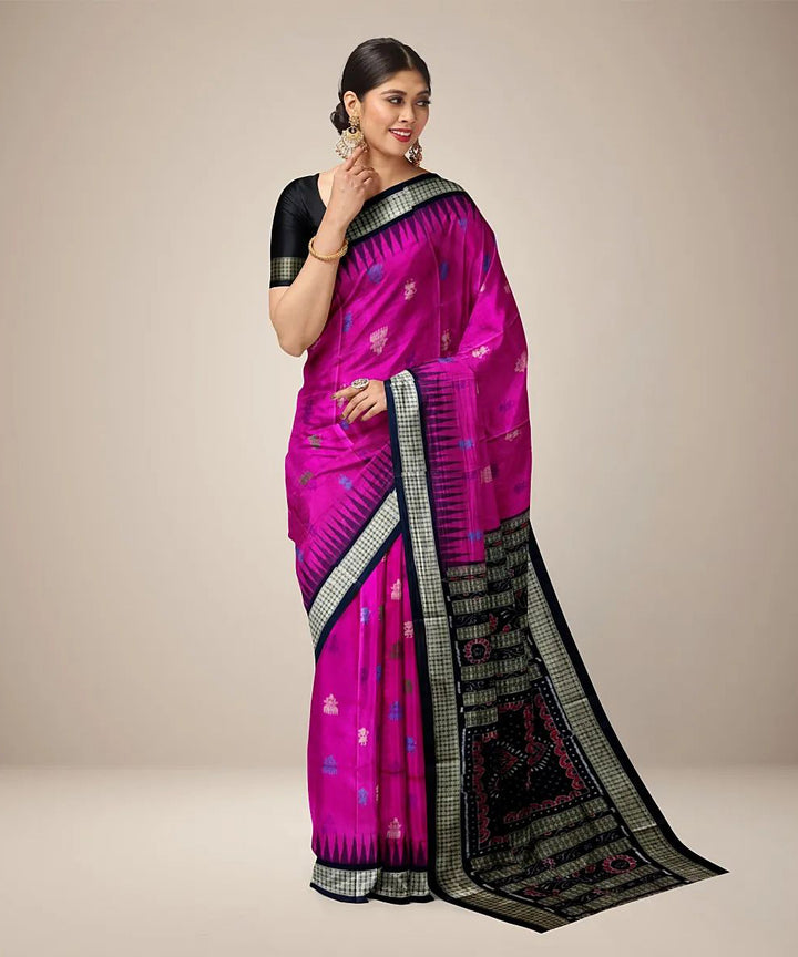 Pink black handwoven silk sambalpuri saree