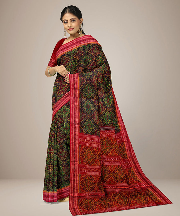 Dark green red handwoven cotton sambalpuri saree