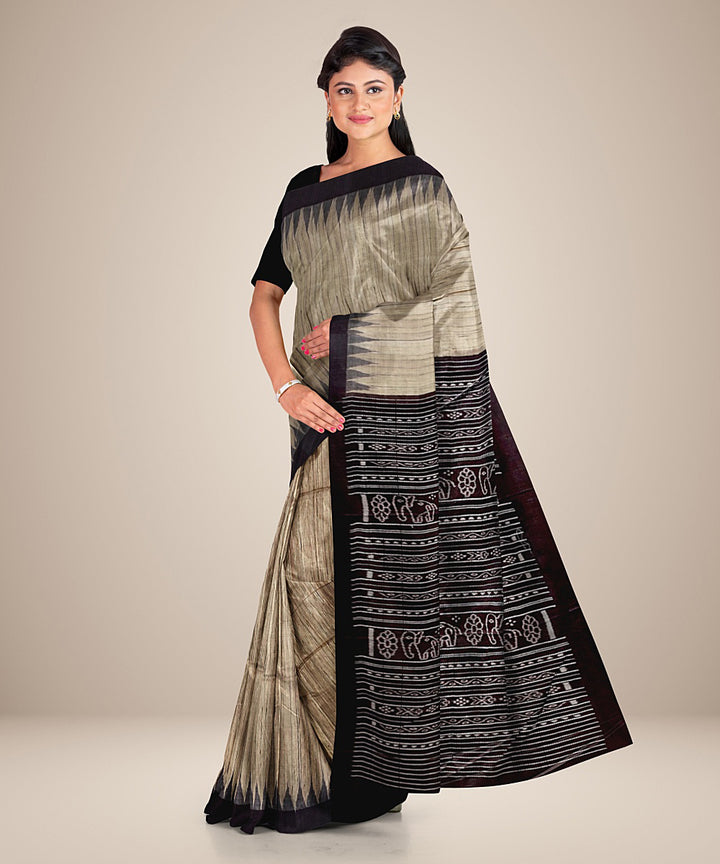 Beige black gopalpur tussar silk handwoven saree