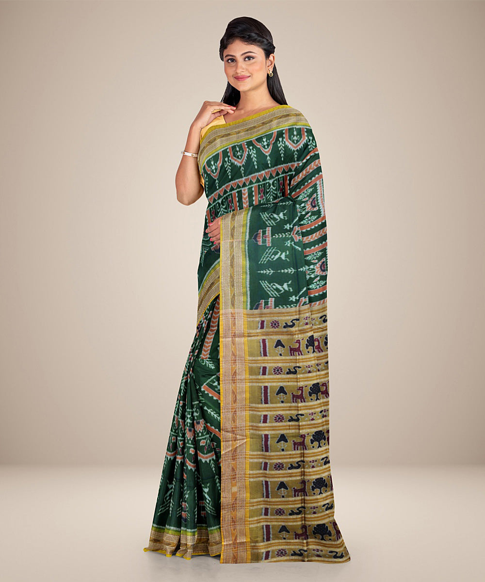 Dark green mustard silk handwoven khandua saree