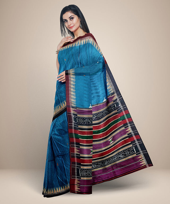 Sky blue mustard maroon gopalpur tussar silk handwoven saree