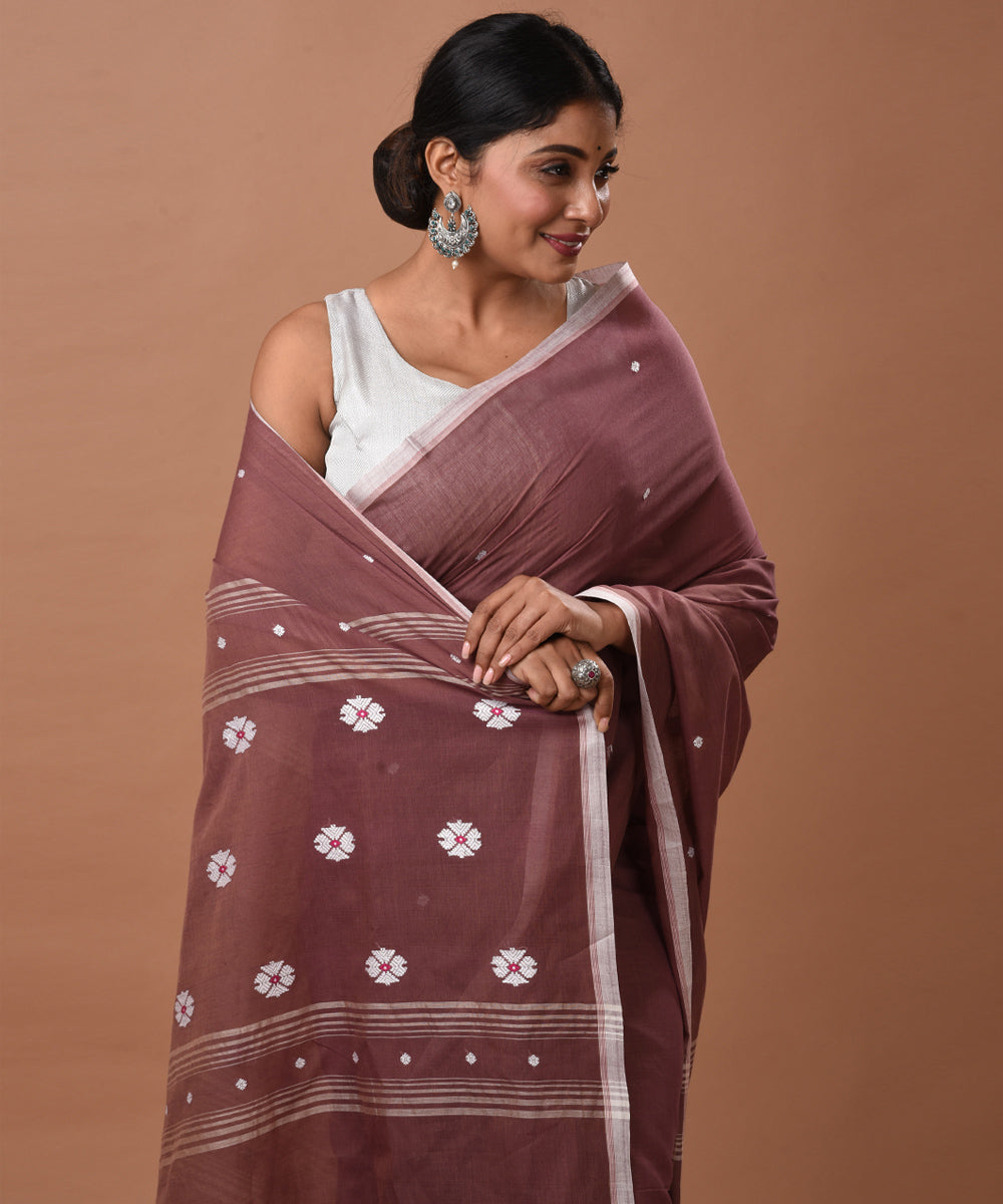 Brown handwoven cotton jamdani saree