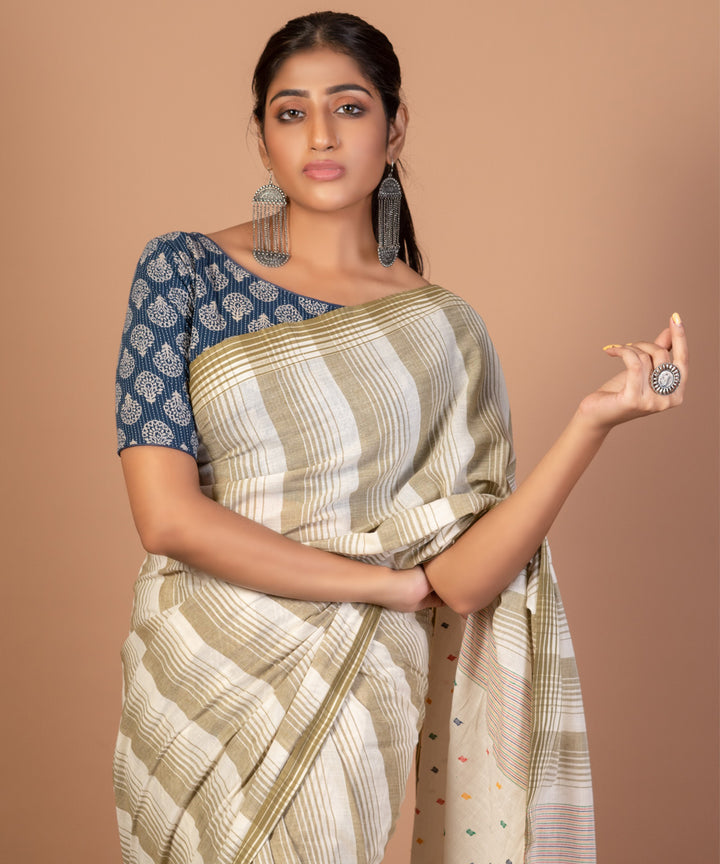 Olive green handwoven cotton jamdani saree