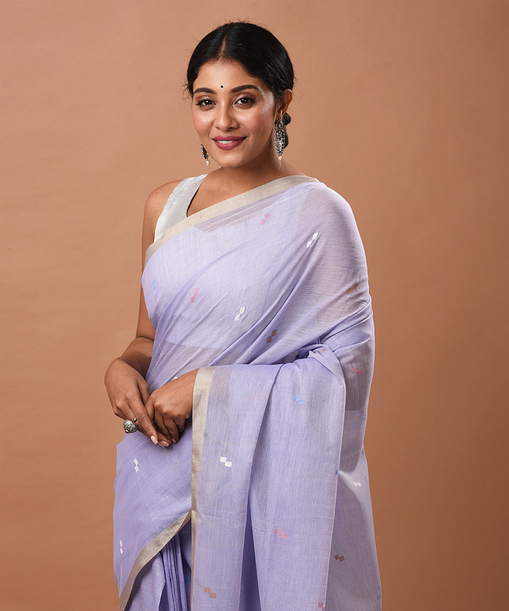 Light lavender handwoven cotton jamdani saree with tussar border