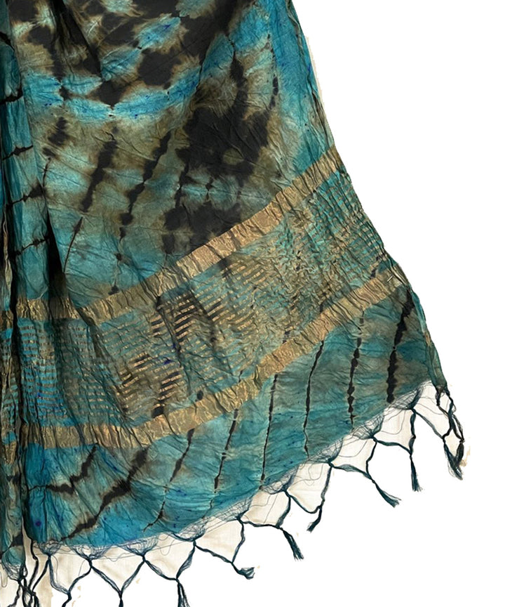 Teal black handwoven tie dye tussar silk stole