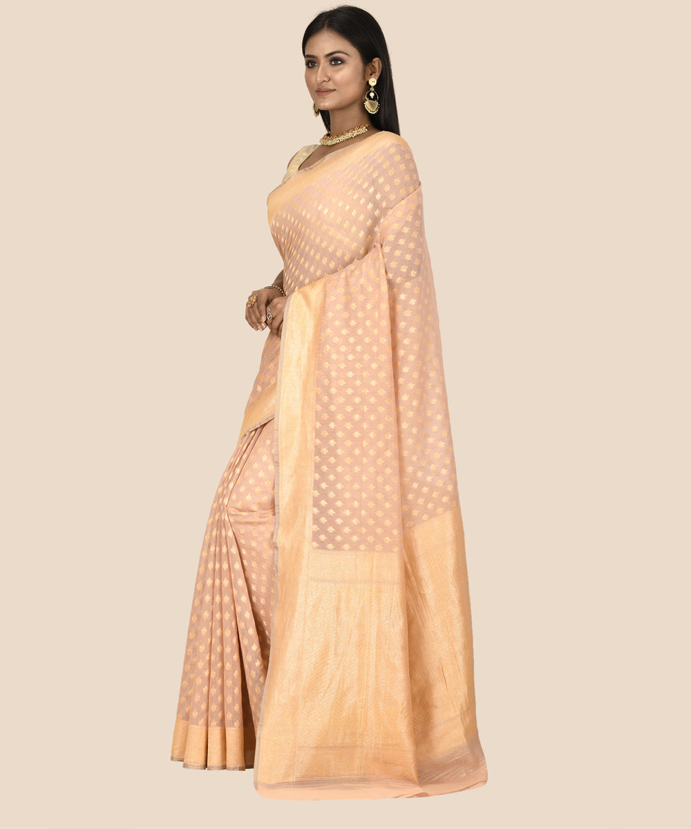 Cream peach silk handloom banarasi saree