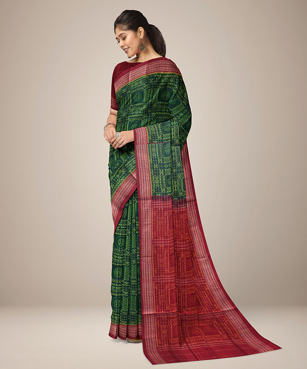 Dark green red cotton handloom sambalpuri saree