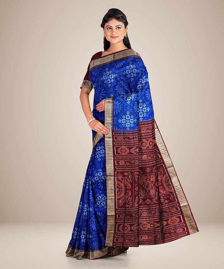 Navy blue cyan blue maroon silk handwoven sambalpuri saree